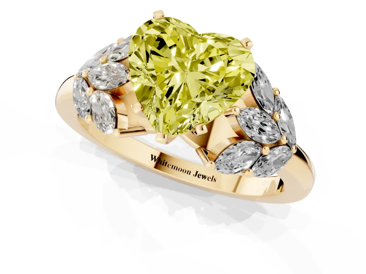 Fancy Yellow Heart Cut Diamond Cluster Leaf Design Ring with Prong Setting Yellow gold