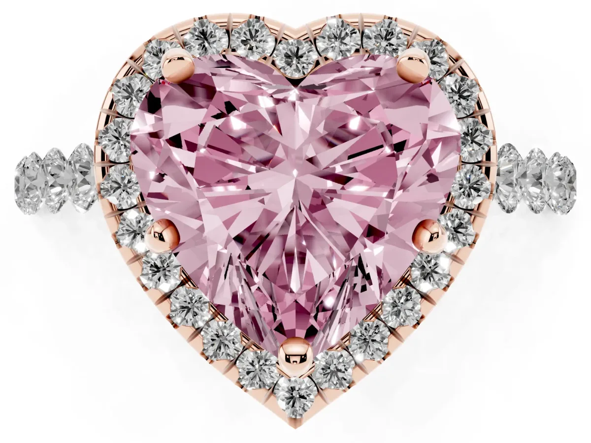 Fancy Pink Heart Cut Halo Pavé Diamond Engagement Ring with Four-Prong Setting Rose gold