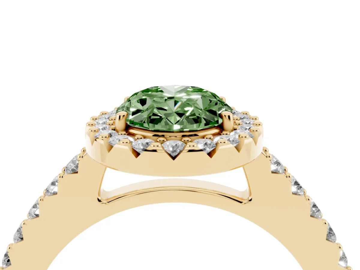 Fancy Green Oval Cut Halo Diamond Pavé Solitaire Ring Yellow gold
