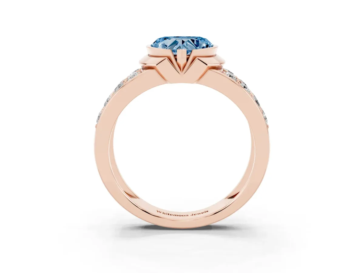 Fancy Blue Heart Cut Brilliant Diamond Channel Set Wide Band Ring with Bezel Setting Rose gold