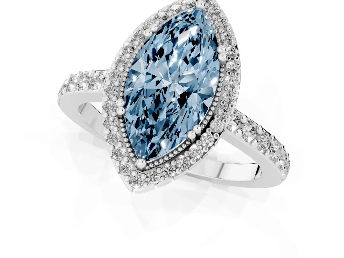 Fancy Blue Marquise Cut Cut Diamond Halo Engagement Ring with Milgrain Detail and Pavé Band White gold