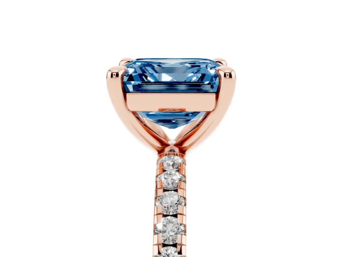 Fancy Blue Asscher Cut Diamond Brilliant Solitaire Ring with Pavé Band and Four-Prong Setting Rose gold