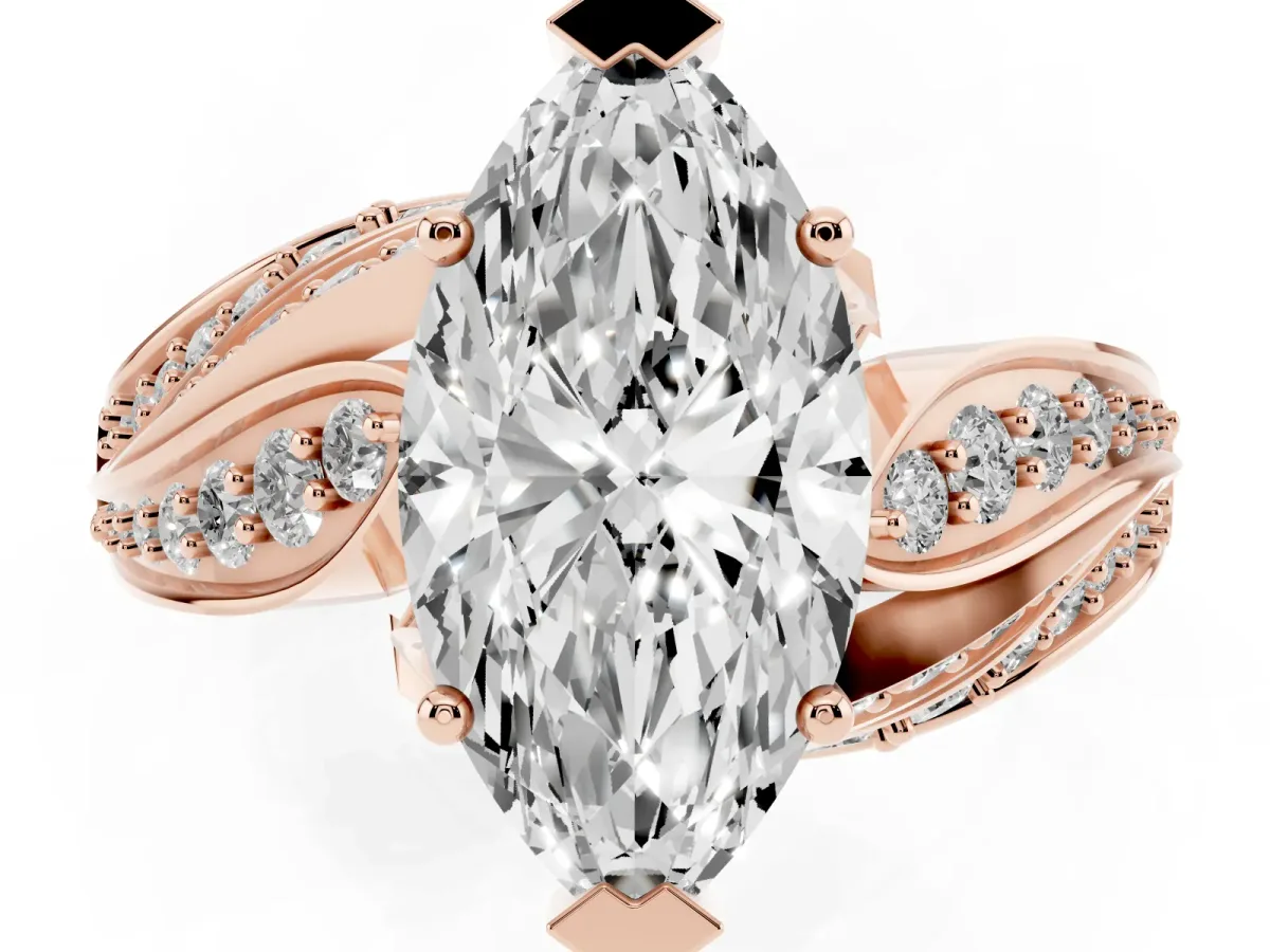 Marquise Cut Diamond Solitaire Ring with Prong Setting and Twisted Pavé Band Rose gold