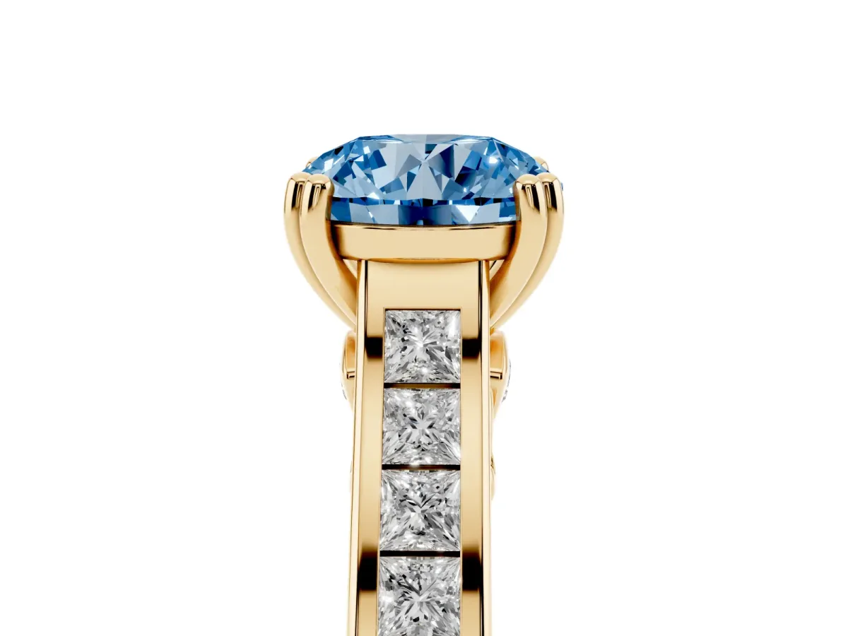 Fancy Blue Round Cut Cut Channel Set Solitaire Engagement Ring with Prong Setting Yellow gold
