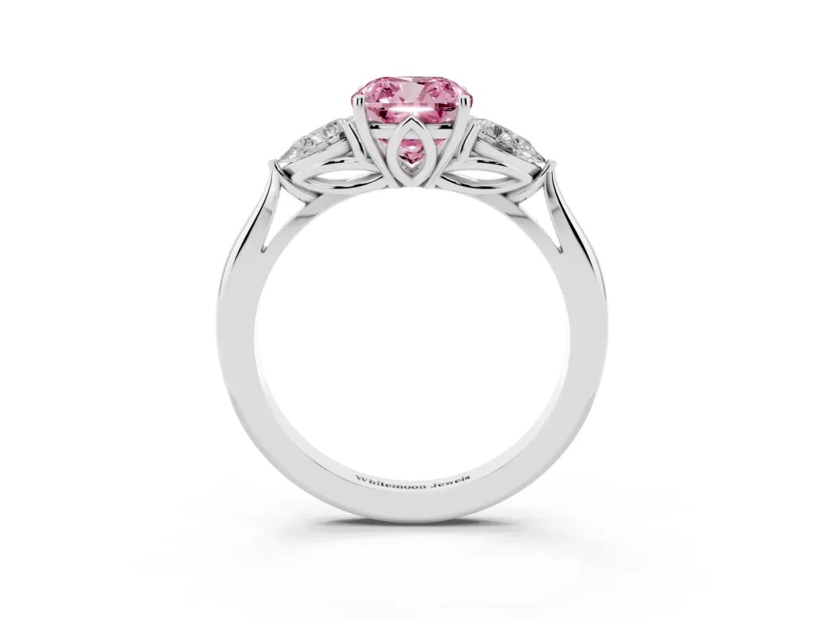 Fancy Pink Cushion Cut Diamond Three-Stone Ring with Pear Side Stones and Prong Setting Silver