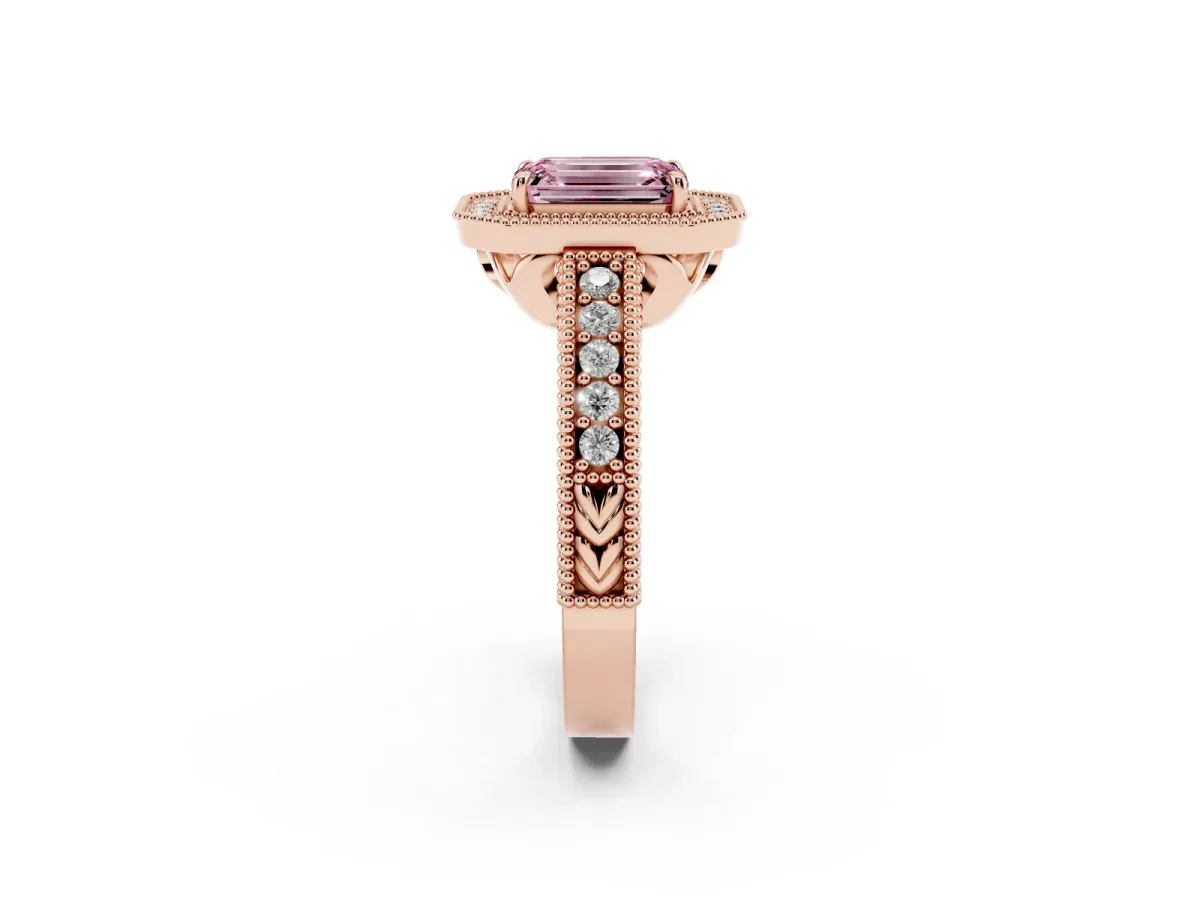 Fancy Pink Emerald Cut Cut Halo Diamond Ring with Pavé Band and Four-Prong Setting Rose gold