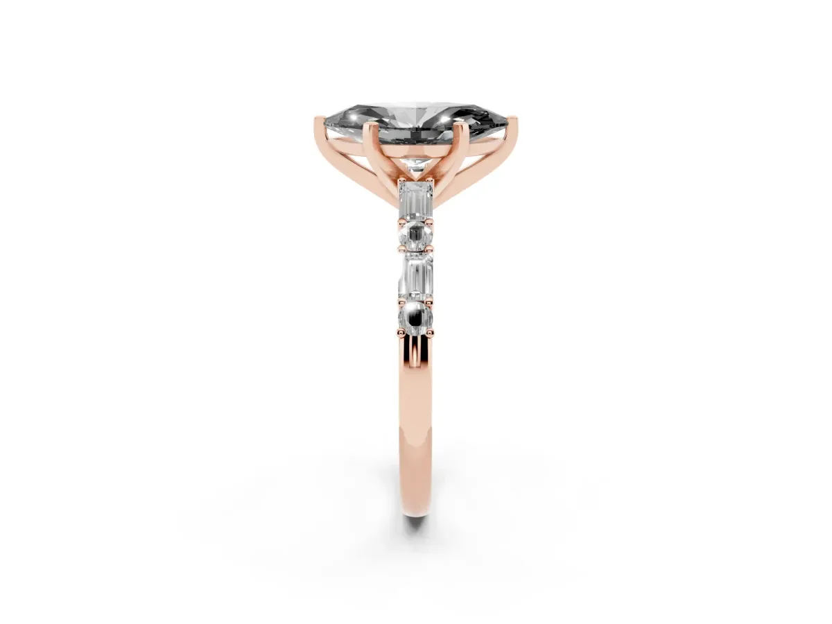 Fancy Black Marquise Cut Diamond Solitaire with Side Baguettes and Channel Set Band Rose gold