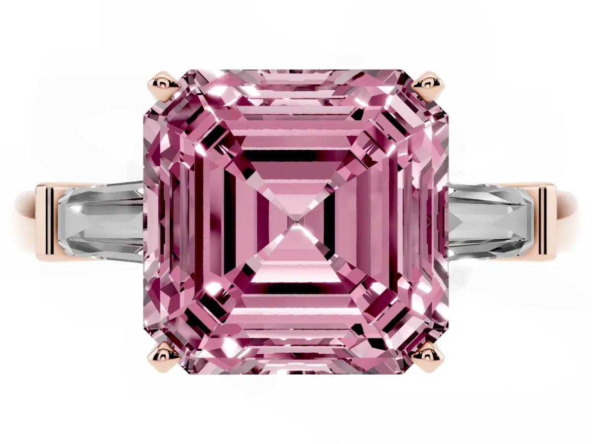 Fancy Pink Asscher Cut Cut Diamond Solitaire Ring with Tapered Baguette Accents and Four-Prong Setting Rose gold