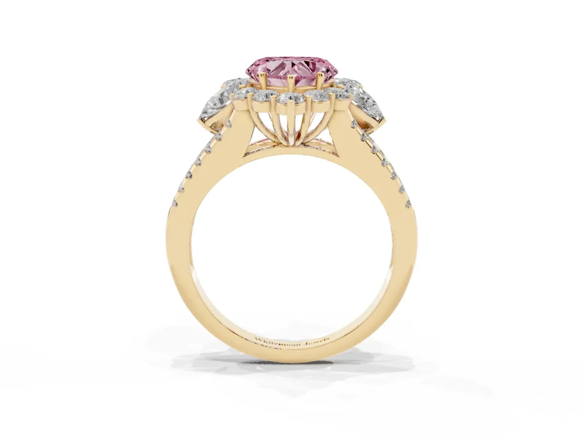 Fancy Pink Heart Cut Halo Split Shank Diamond Engagement Ring with Prong Setting Yellow gold