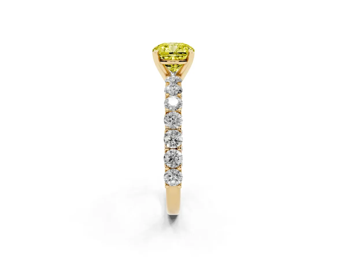 Fancy Yellow Cushion Cut Diamond Solitaire Ring with Shared Prong Pavé Band and Four-Prong Setting Yellow gold