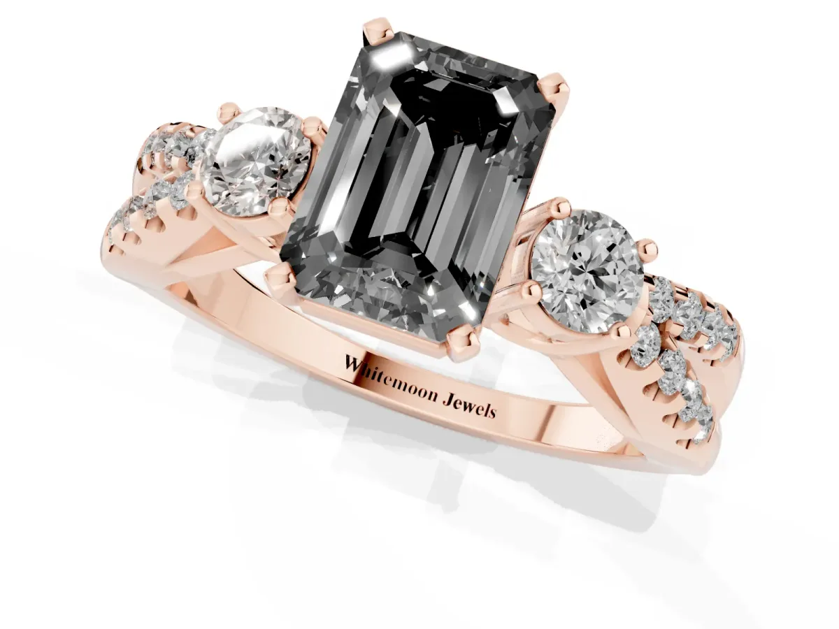 Fancy Black Emerald Cut Diamond Three-Stone Ring with Pavé Split Shank and Four-Prong Setting Rose gold