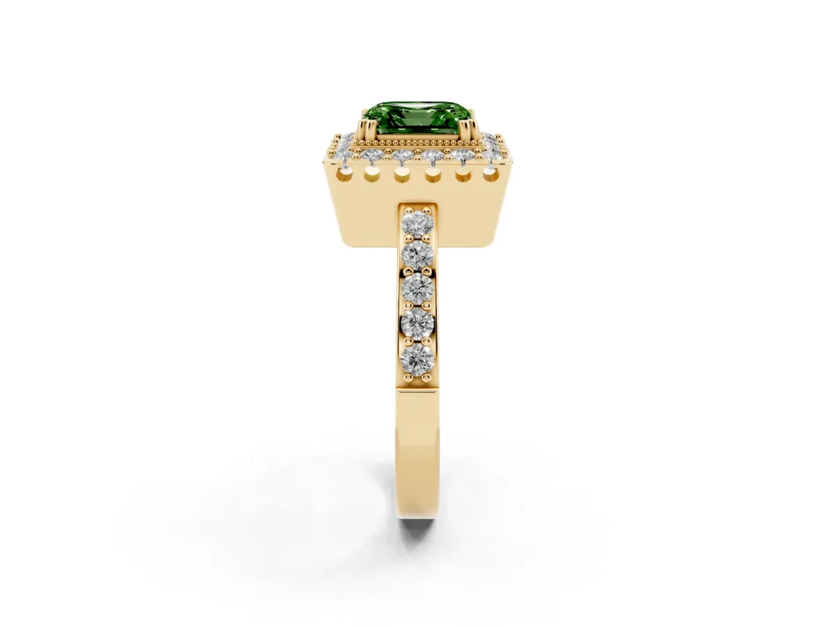 Fancy Green Asscher Cut Diamond Halo Ring with Pavé Band and Prong Setting Yellow gold
