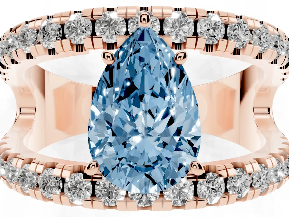 Fancy Blue Pear Cut Solitaire Split Shank Pave Diamond Ring Rose gold