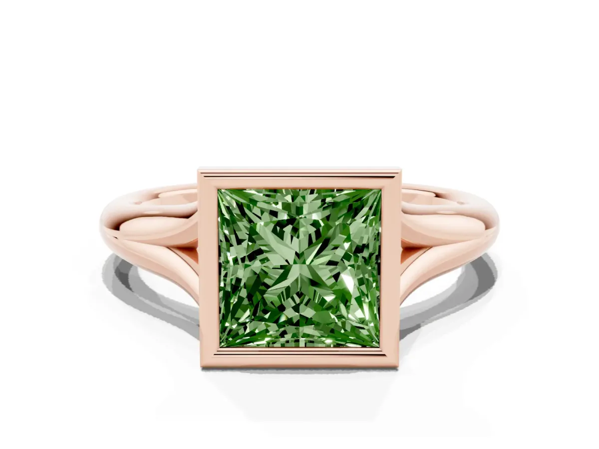 Fancy Green Bezel Set Princess Cut Solitaire Diamond Ring with Smooth Band Rose gold