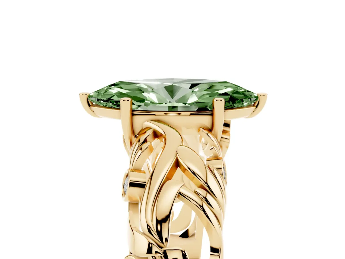 Fancy Green Marquise Cut Solitaire Diamond Leaf-Inspired Vine Band Ring with Prong Setting Yellow gold