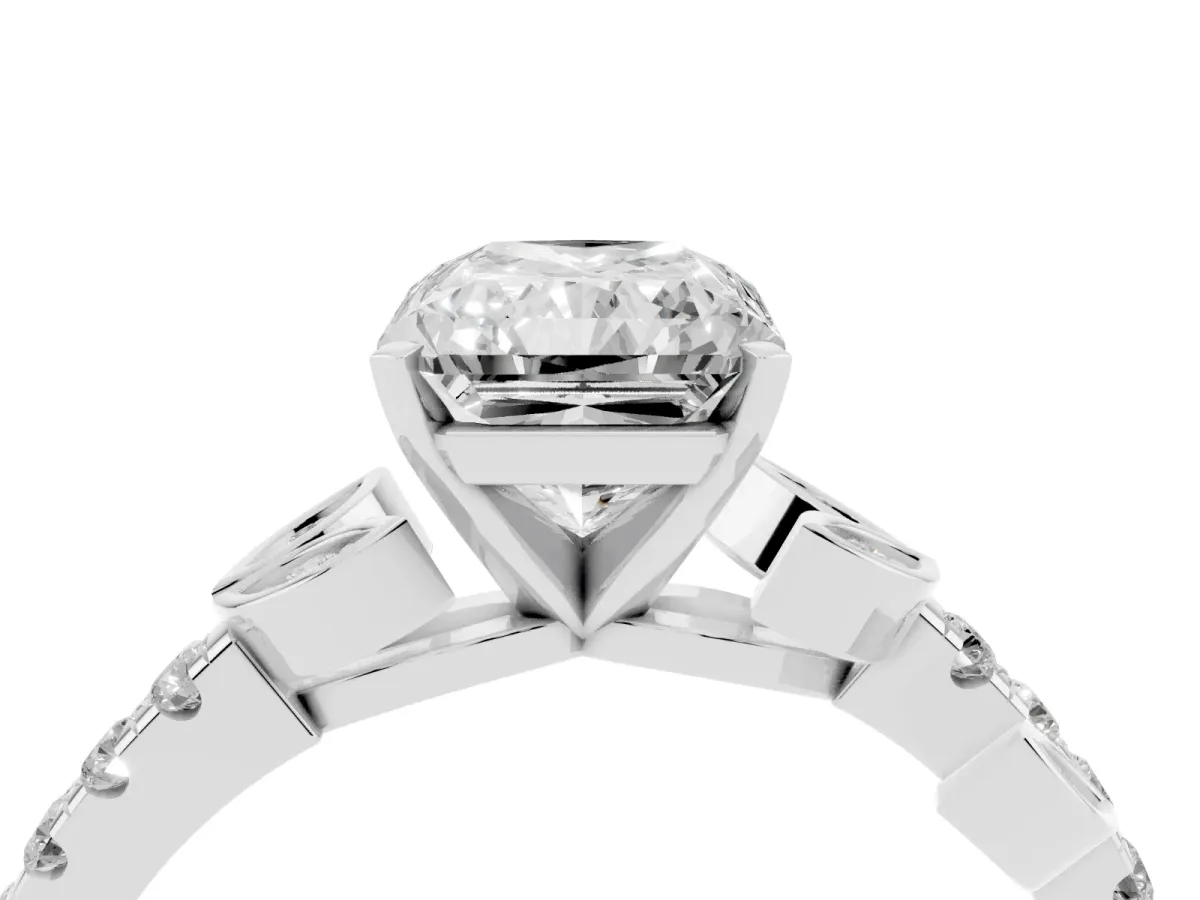 Radiant Cut Solitaire Leaf-Inspired Diamond Ring with Pavé Band and Four-Prong Setting Silver