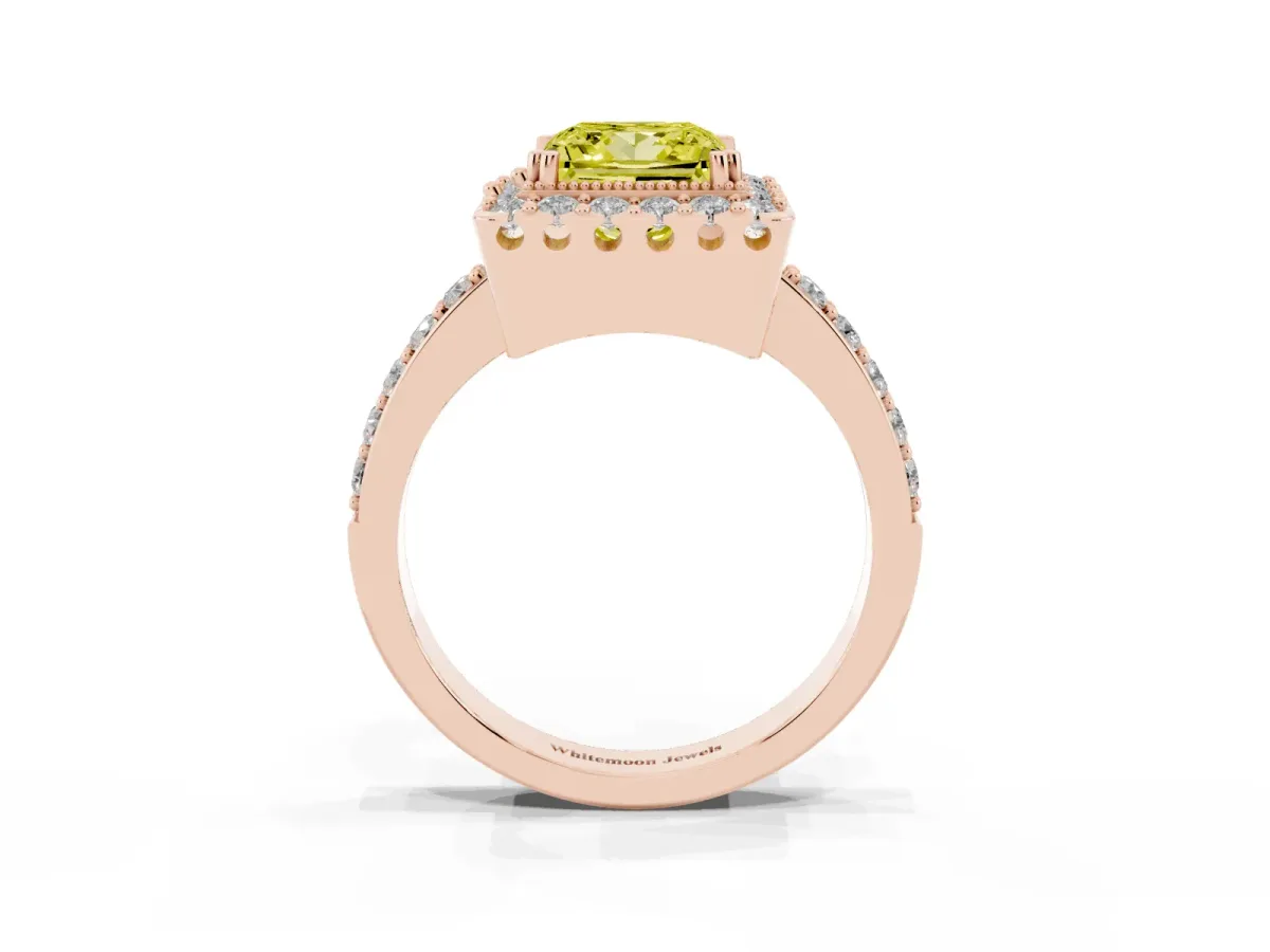 Fancy Yellow Princess Cut Diamond Halo Ring with Pavé Band and Prong Setting Rose gold