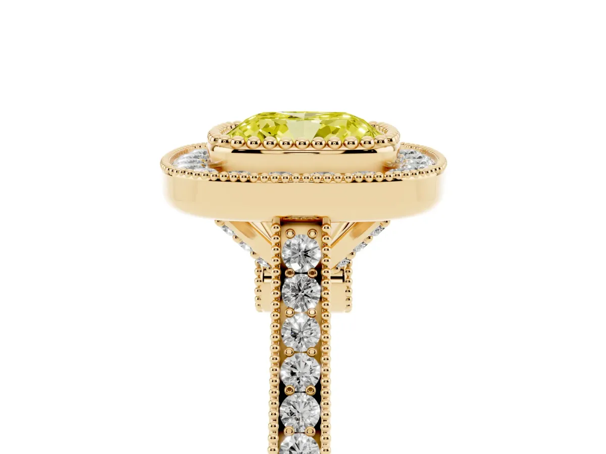 Fancy Yellow Cushion Cut Diamond Halo Ring with Milgrain Frame and Pavé Band Yellow gold