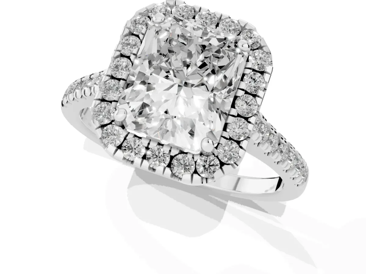 Radiant Cut Diamond Cushion Halo Ring with Pavé Band Silver