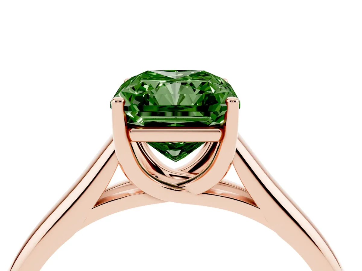 Fancy Green Radiant Cut Solitaire Engagement Ring with Tapered Band and Four-Prong Setting Rose gold