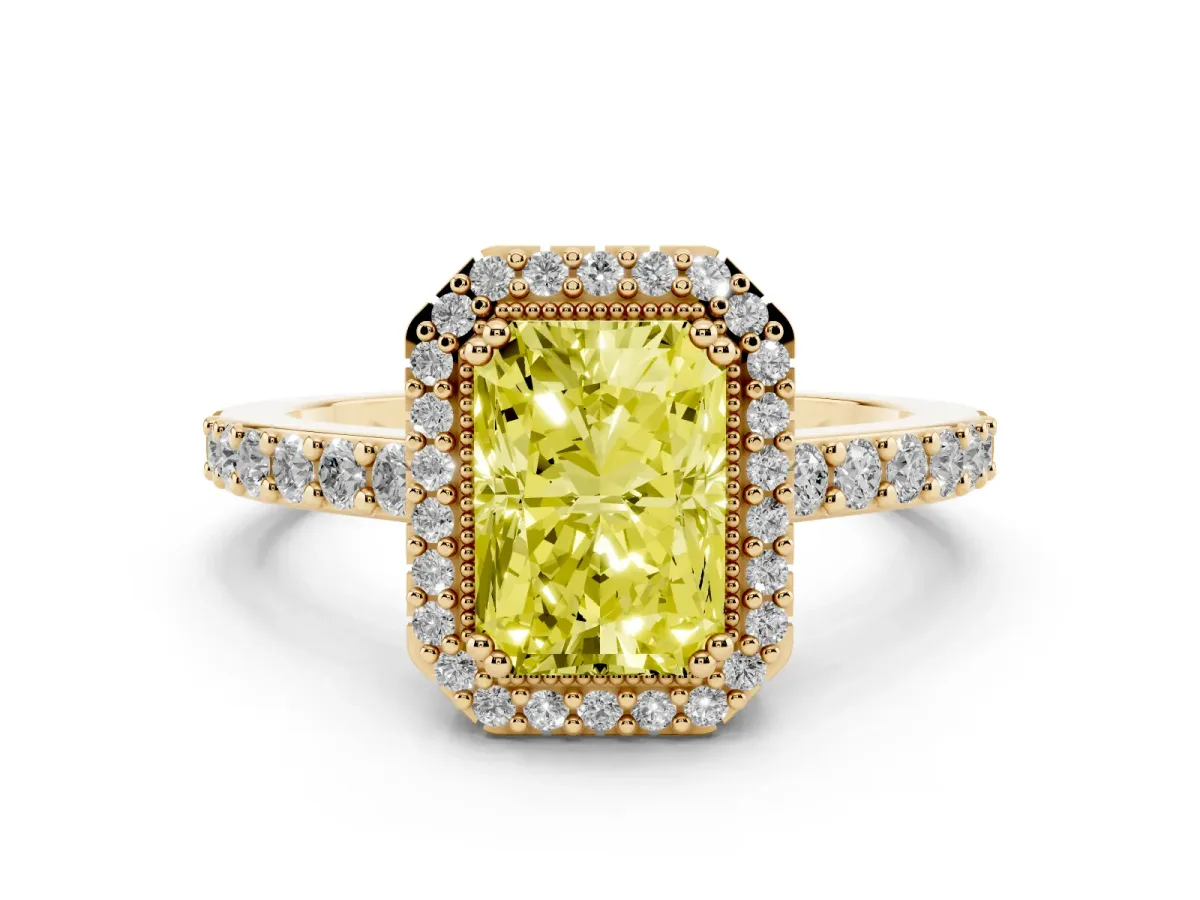 Fancy Yellow Radiant Cut Cut Diamond Halo Engagement Ring with Milgrain Detail and Pavé Band Yellow gold