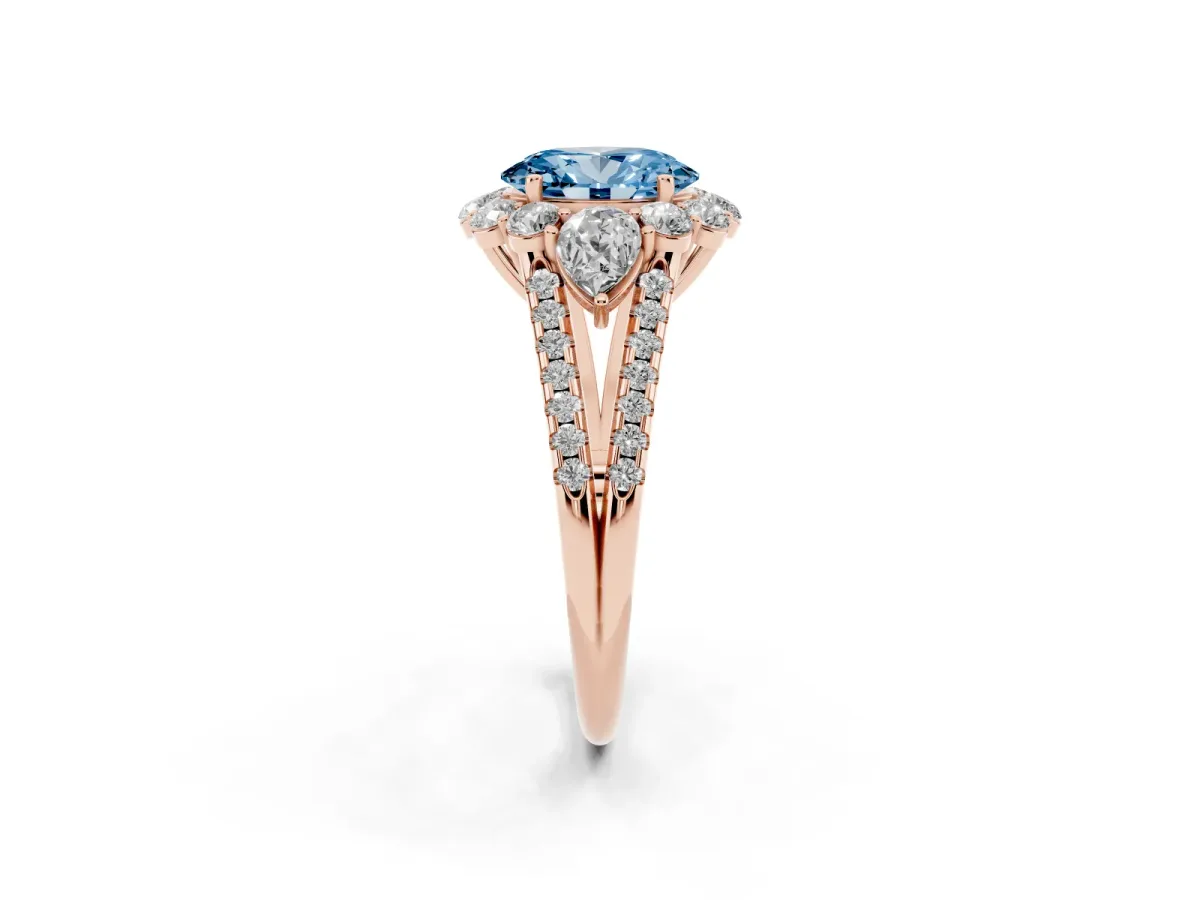 Fancy Blue Oval Cut Halo Split Shank Diamond Engagement Ring with Prong Setting Rose gold