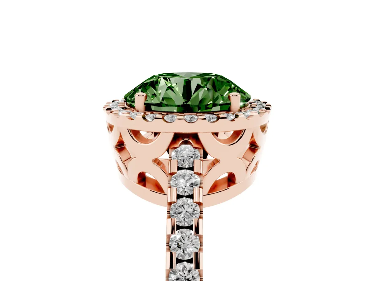 Fancy Green Round Cut Diamond Halo Engagement Ring with Pavé Band and Prong Setting Rose gold