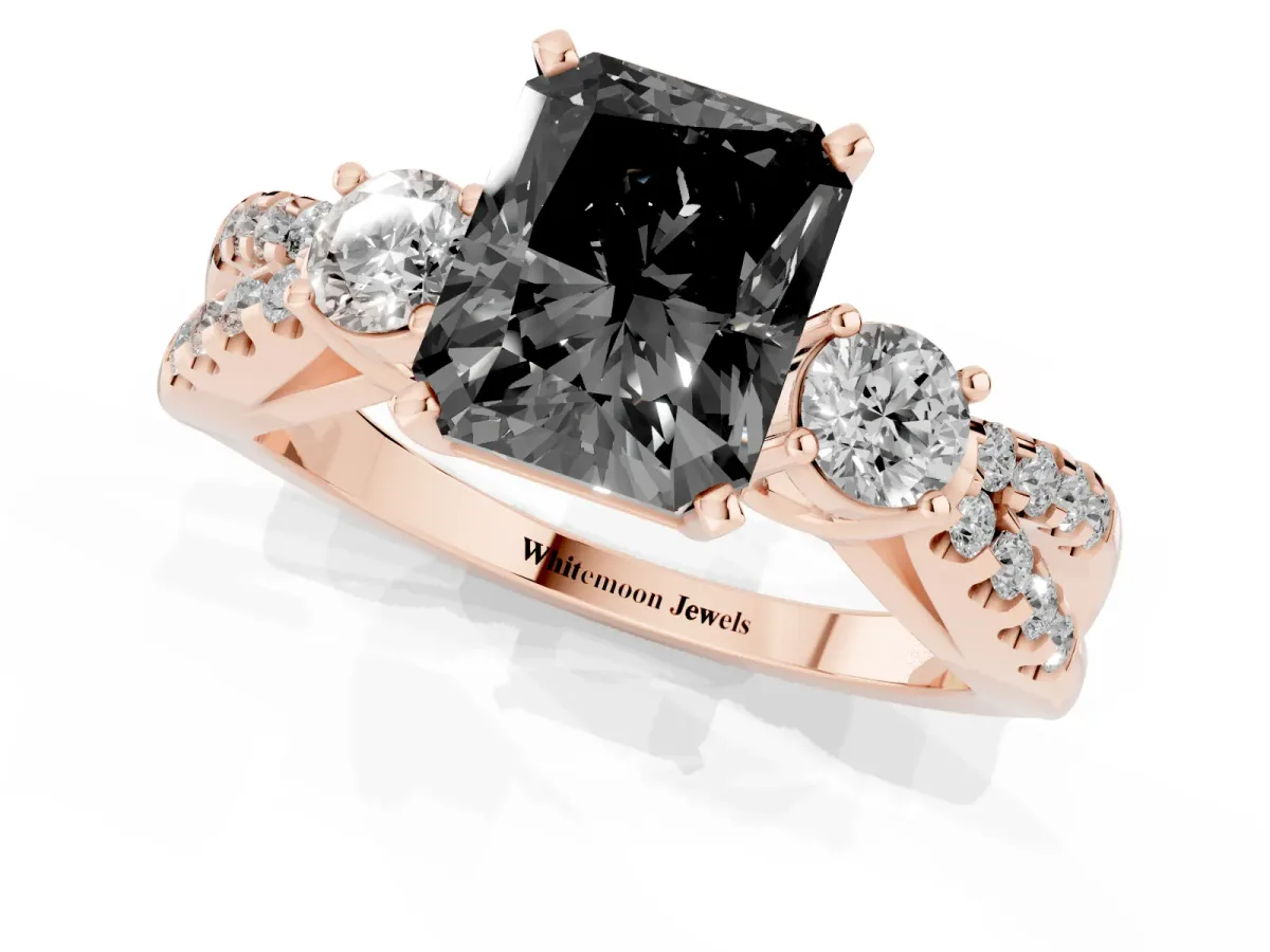 Fancy Black Radiant Cut Diamond Three-Stone Ring with Pavé Split Shank and Four-Prong Setting Rose gold