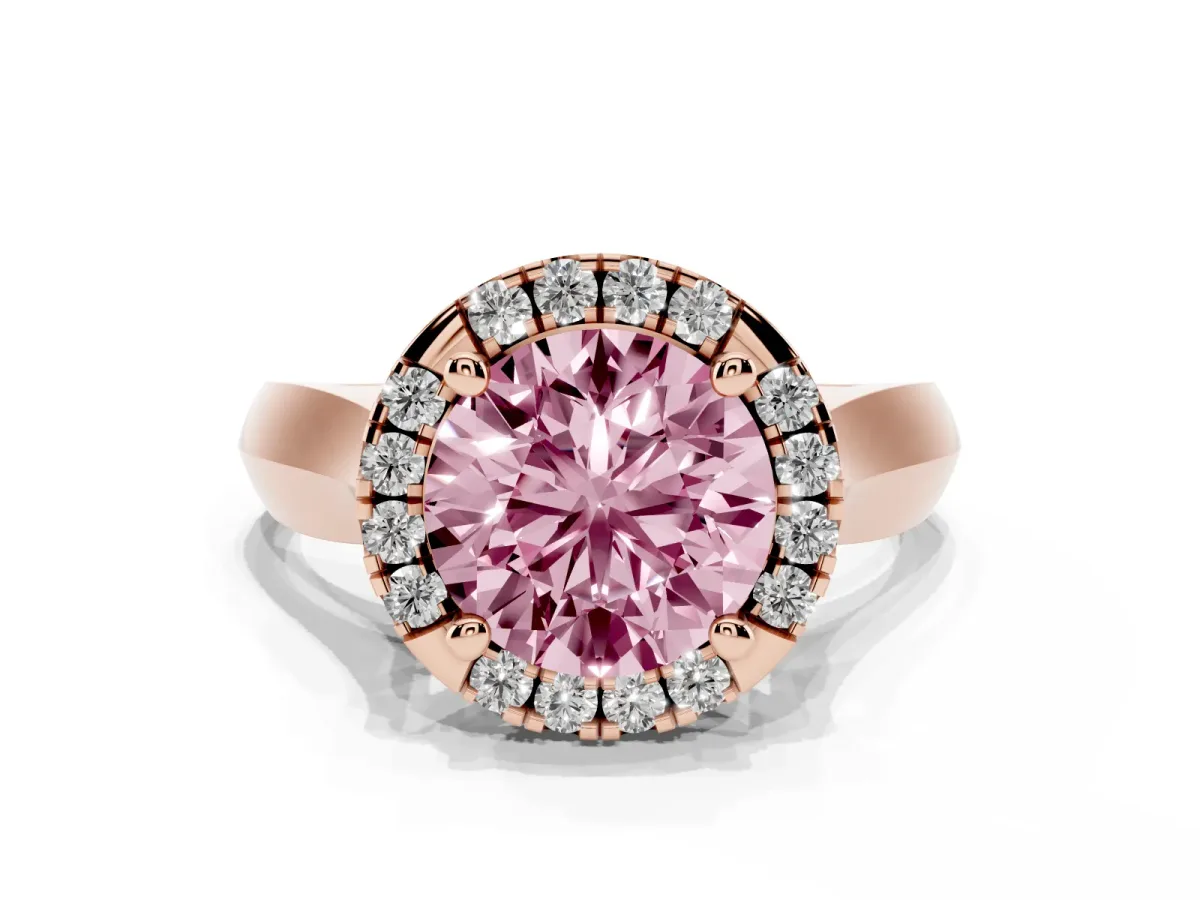 Fancy Pink Round Cut Cut Halo Solitaire Engagement Ring with Square Band and Four-Prong Setting Rose gold