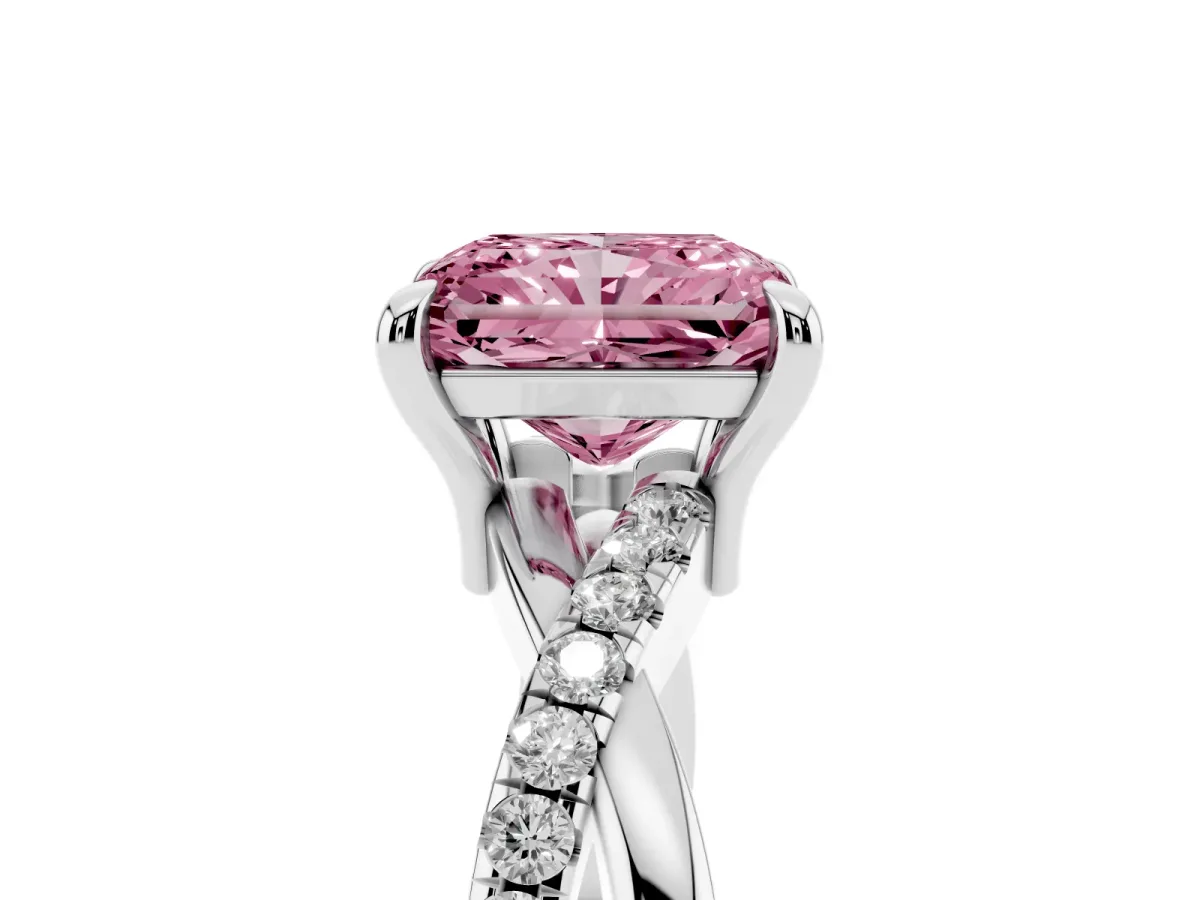 Fancy Pink Radiant Cut Cut Diamond Twist Band Solitaire with Prong Setting Silver