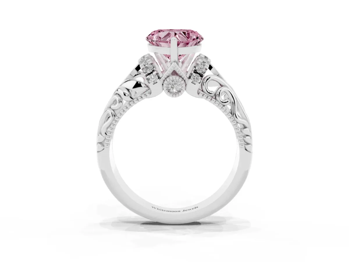 Fancy Pink Heart Cut Solitaire Filigree Engagement Ring with Halo and Prong Setting Platinum