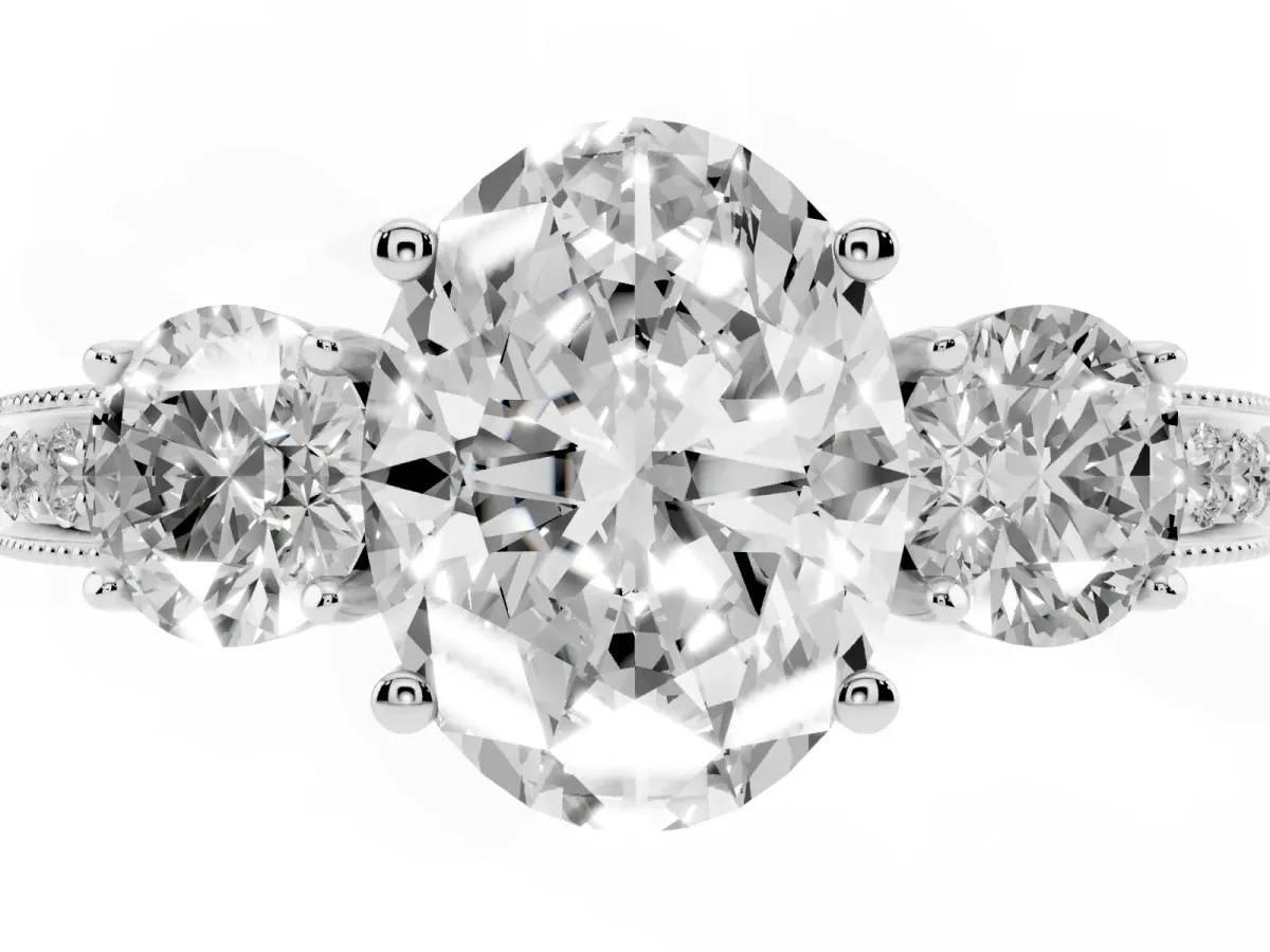 Oval Cut Three-Stone Diamond Ring with Pavé Band and Four-Prong Setting Silver