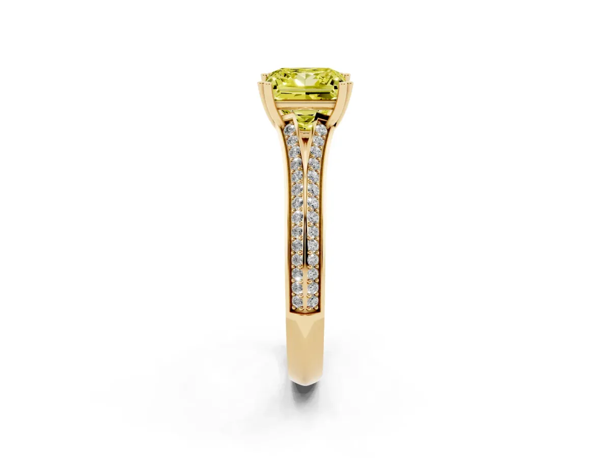 Fancy Yellow Princess Cut Diamond Split Shank Engagement Ring with Pavé Band Yellow gold