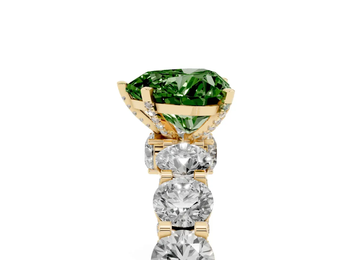 Fancy Green Heart Cut Diamond Side Stone Engagement Ring with Four-Prong Setting Yellow gold