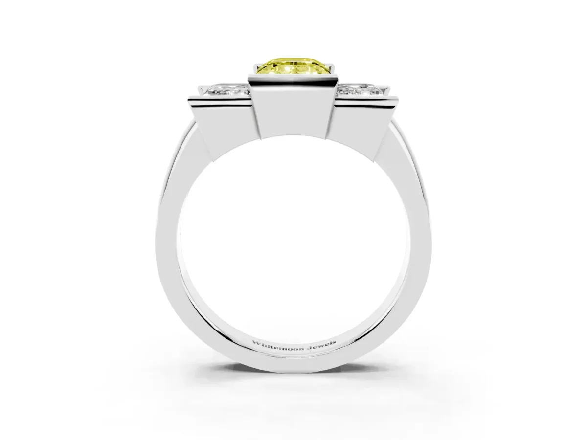 Fancy Yellow Three Stone Emerald Cut Cut Channel Set Diamond Ring Platinum