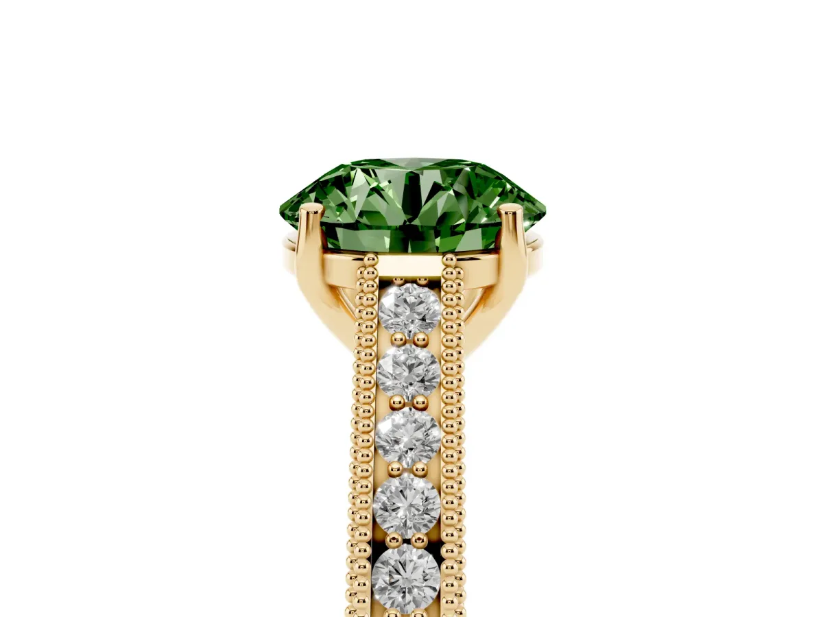 Fancy Green Round Cut Cut Pave Band Milgrain Solitaire Ring Yellow gold