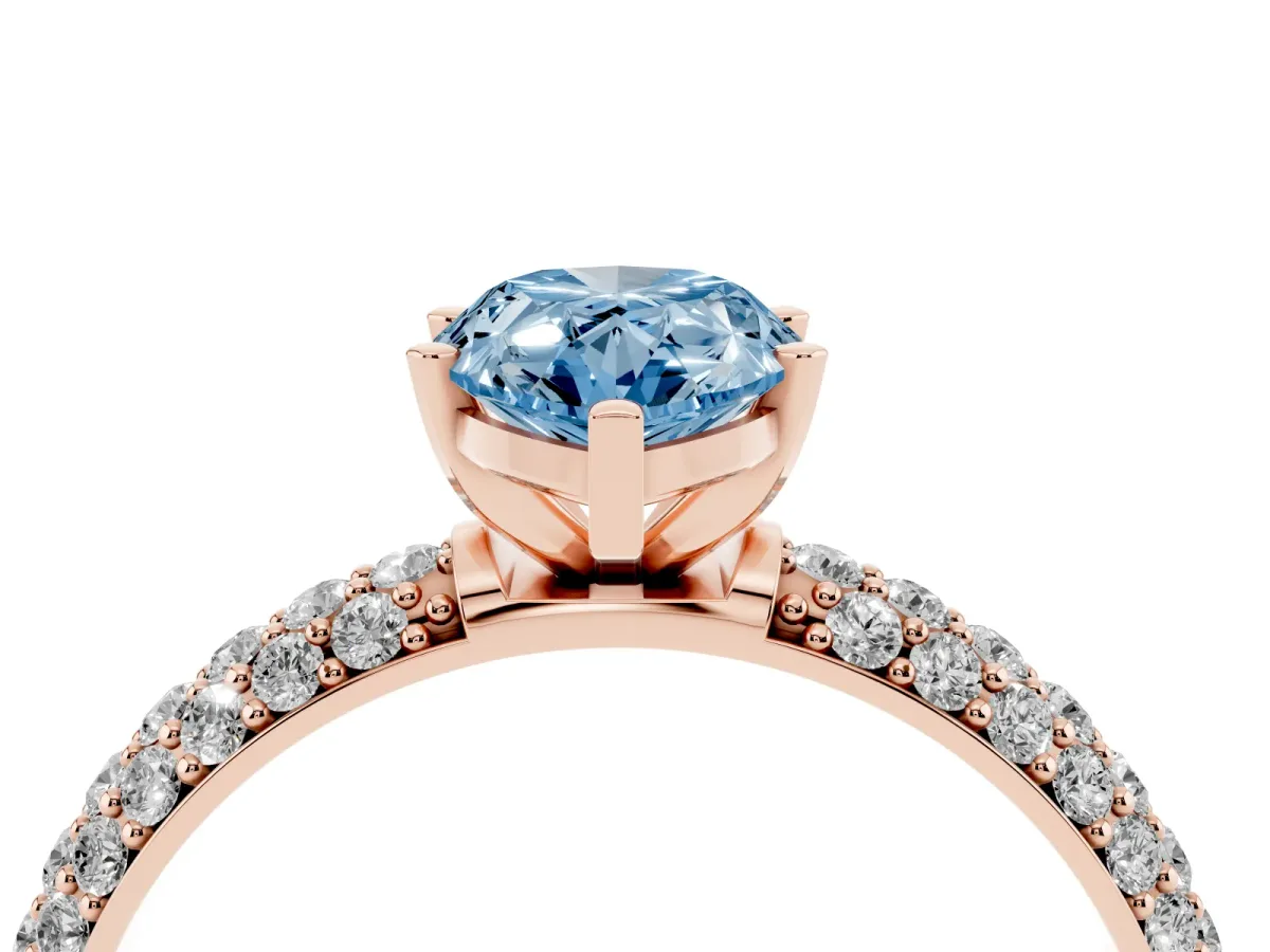 Fancy Blue Pear Cut Diamond Solitaire Ring with Prong Setting and Pavé Band Rose gold