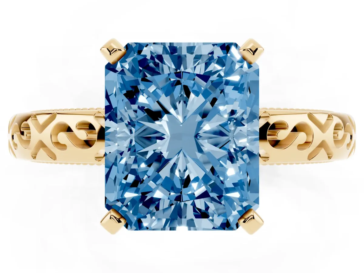 Fancy Blue Radiant Cut Solitaire Engagement Ring with Scrollwork Band and Four-Prong Setting Yellow gold