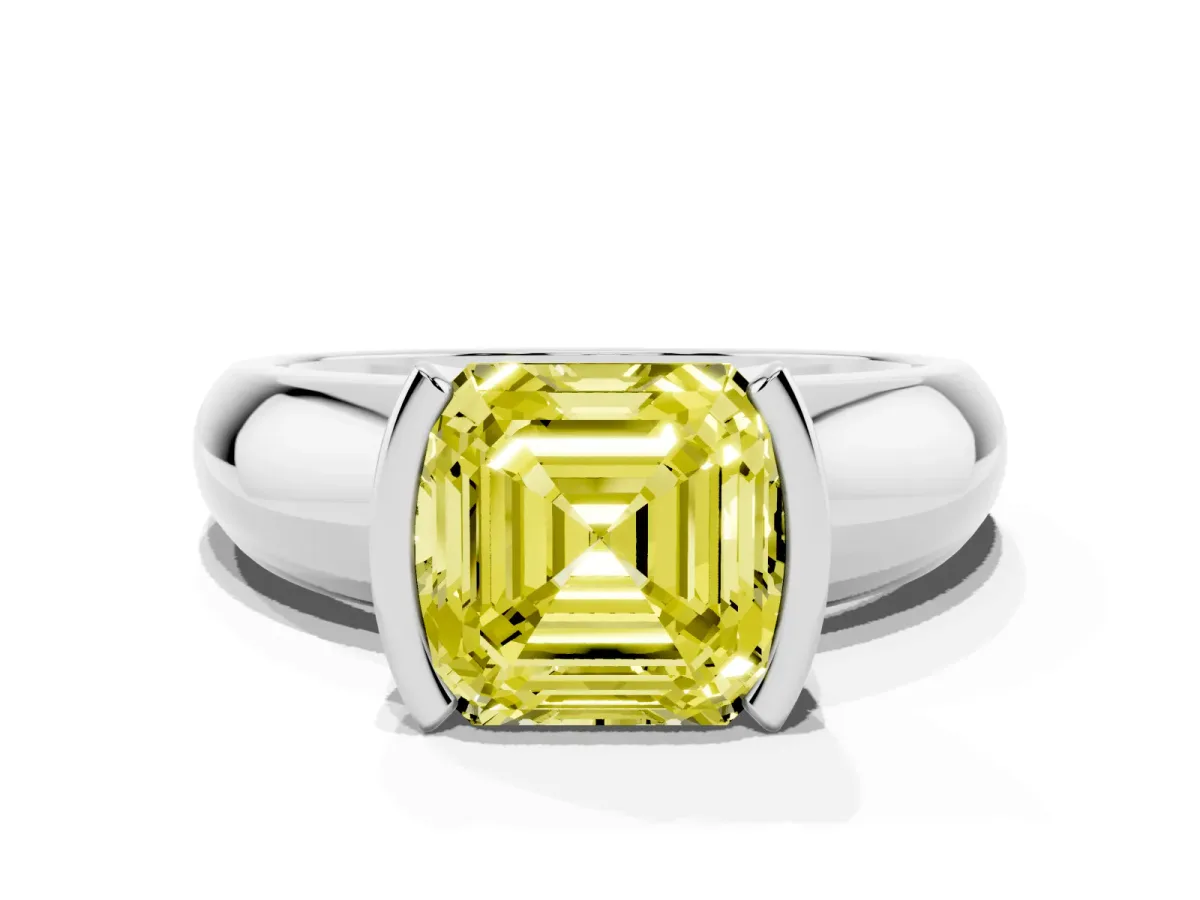 Fancy Yellow Asscher Cut Solitaire Tension Set Diamond Ring with Wide Band Silver