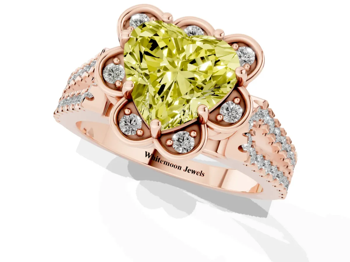 Fancy Yellow Heart Cut Halo Diamond Floral Split Shank Engagement Ring Rose gold