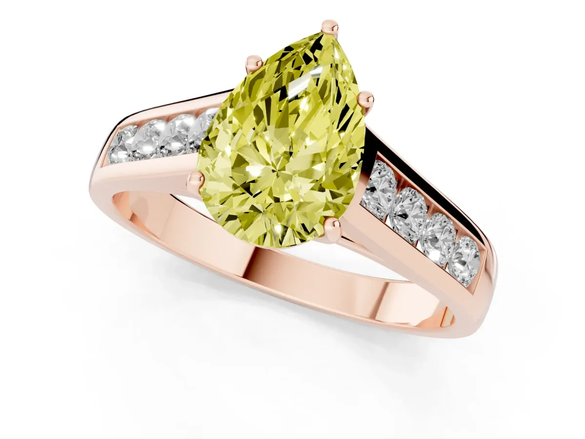 Fancy Yellow Pear Cut Brilliant Channel-Set Solitaire Ring with Four-Prong Setting Rose gold