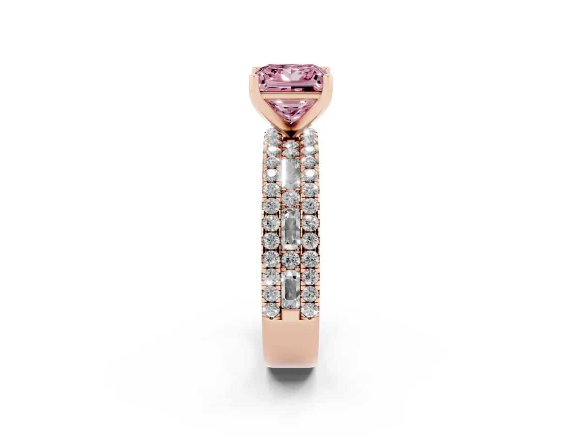 Fancy Pink Princess Cut Diamond Solitaire Ring with Pavé and Channel Set Band Rose gold