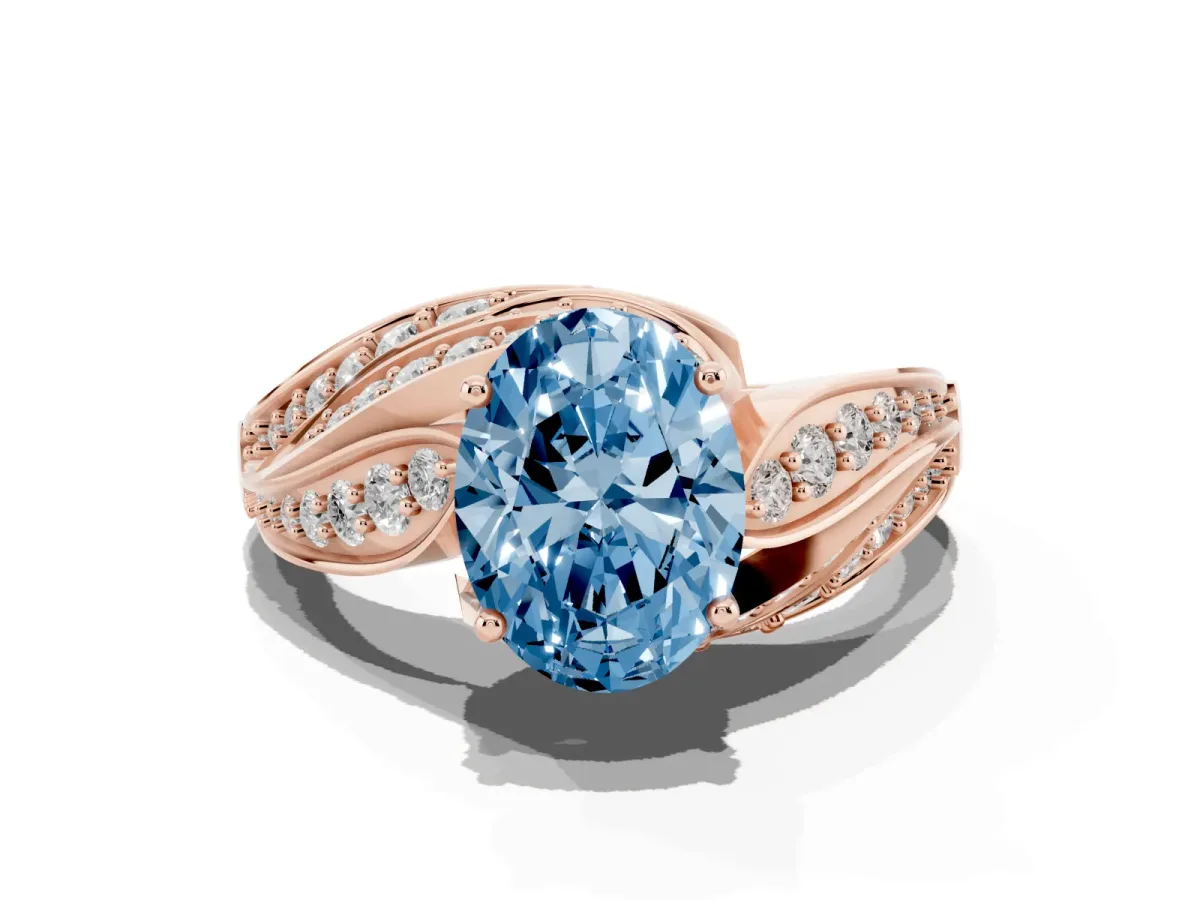 Fancy Blue Oval Cut Diamond Solitaire Ring with Prong Setting and Twisted Pavé Band Rose gold