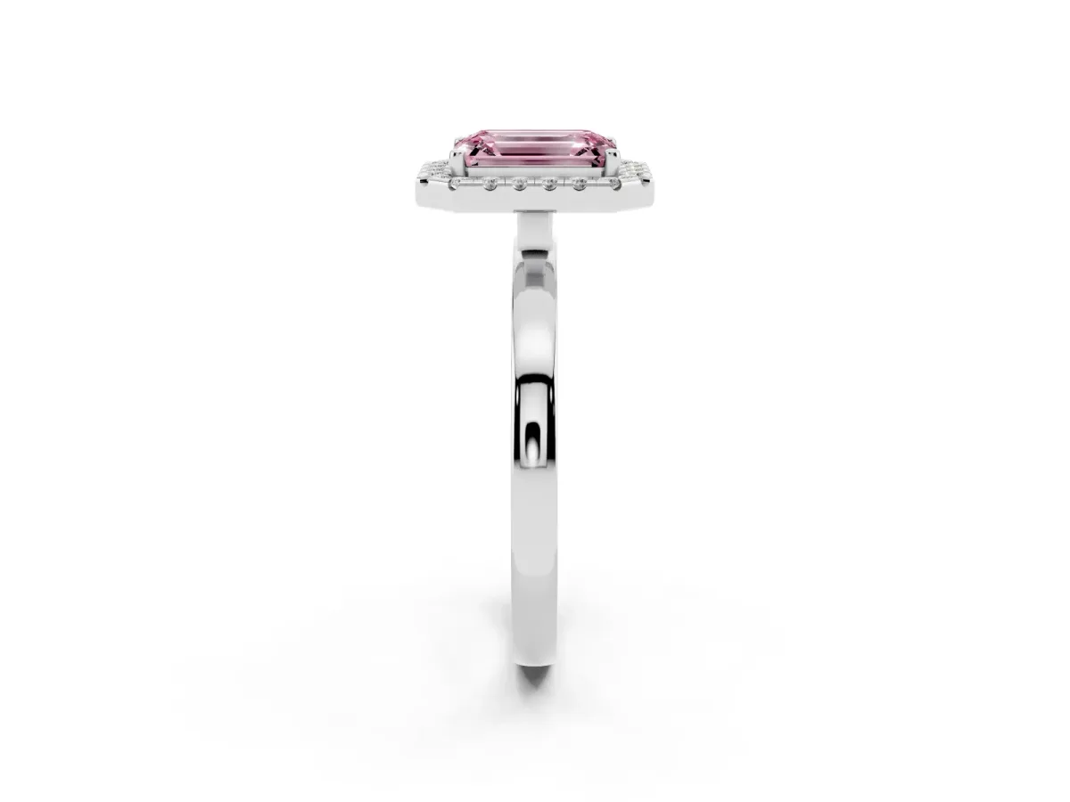 Fancy Pink Emerald Cut Halo Diamond Solitaire with Pavé Band and Four-Prong Setting Silver