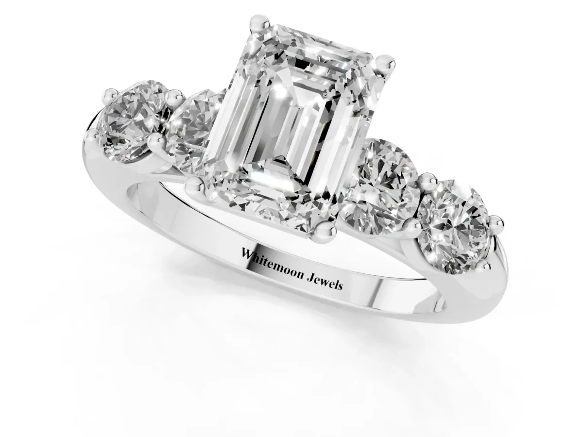 Emerald Cut Cut Five-Stone Prong Set Diamond Ring with Classic Band Silver
