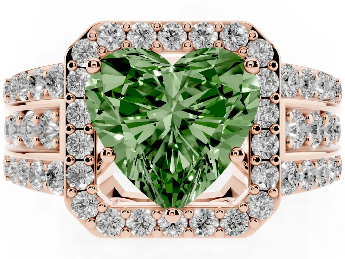 Fancy Green Heart Cut Halo Diamond Ring with Round Split Shank and Prong Setting Rose gold