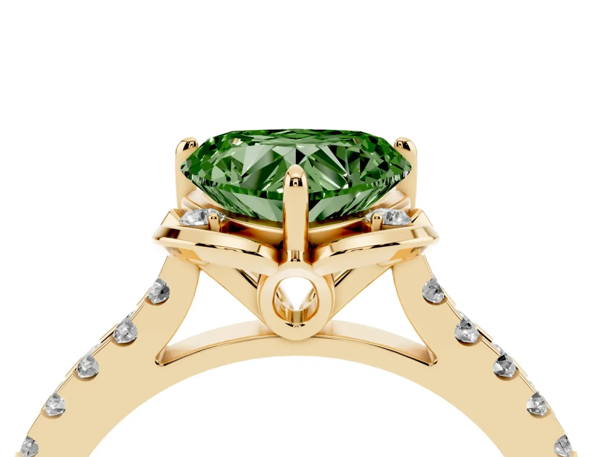 Fancy Green Heart Cut Diamond Ring with Pavé Band and Floral Prong Setting Yellow gold