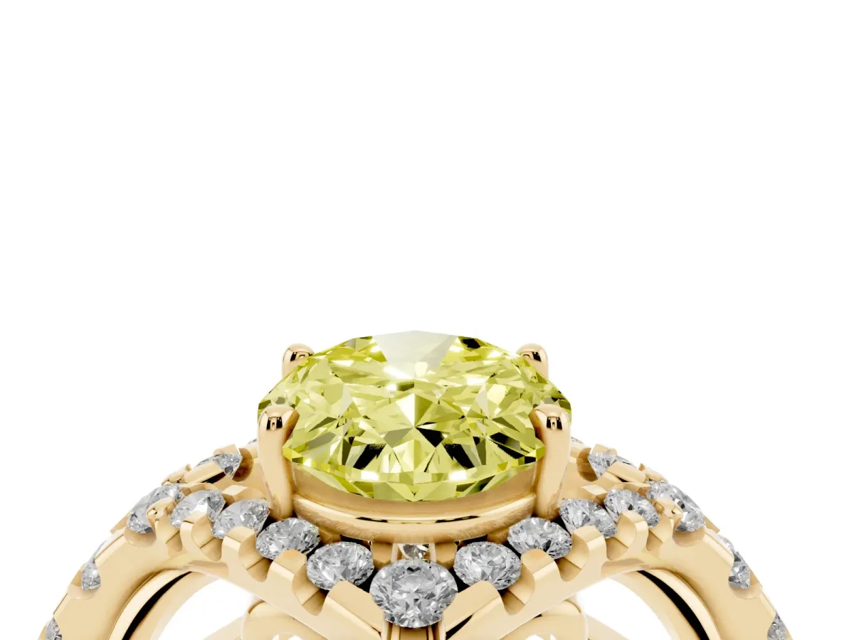 Fancy Yellow Oval Cut Diamond Solitaire Ring with Hidden Halo and Pavé Band Yellow gold