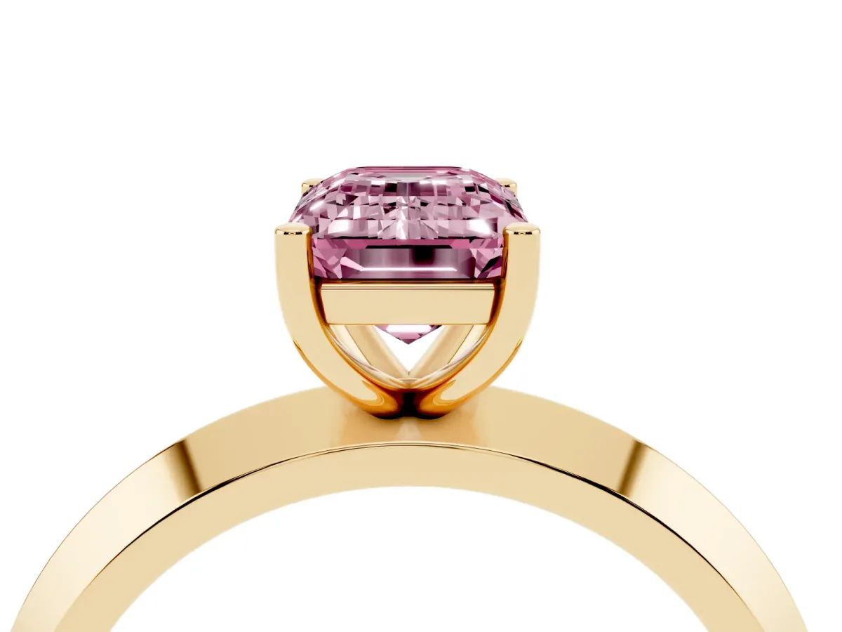 Fancy Pink Emerald Cut Cut Solitaire Engagement Ring with Flat Band and Four-Prong Setting Yellow gold
