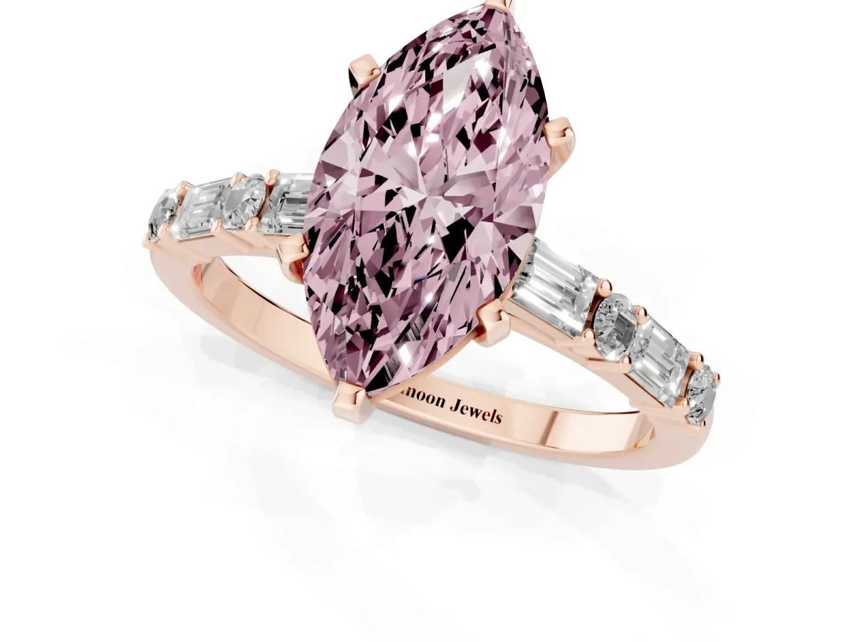 Fancy Pink Marquise Cut Diamond Solitaire with Side Baguettes and Channel Set Band Rose gold